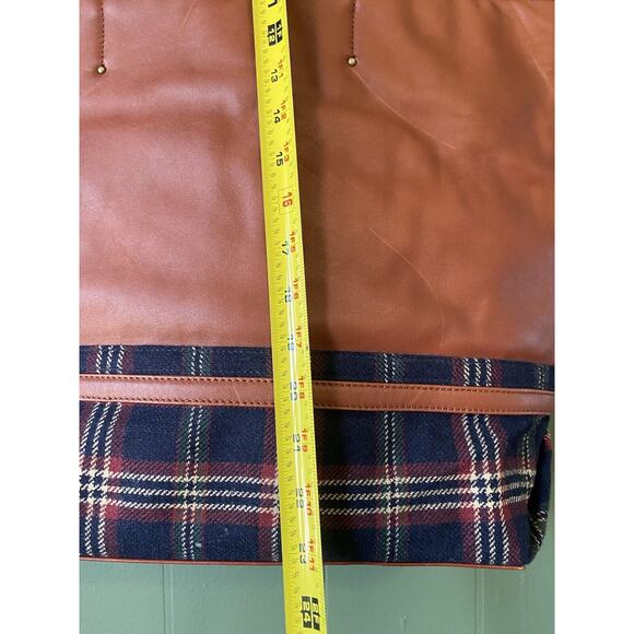 Brooks Brothers 2pc Tote & Wristlet Tan Leather Plaid Tartan Double Shoulder Bag - Picture 8 of 15